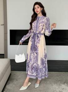 DAZY Vestido a media pierna con estampado floral completo y cinturón para mujeres