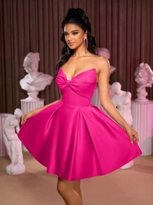 Lovelzi 优雅华丽的蝴蝶结荷叶边露背连衣裙，适合返校节、婚礼、社交活动、派对、节日、舞会、婚礼宾客礼服 - 玫紅色 - 查看 3