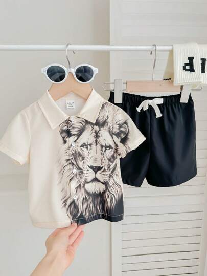 SHEIN 2pcs/Set Baby Boys/Girls Casual & Comfortable Fashion Streetwear Lion Print Shirt And Shorts Set, Suitable For Spring & Summer