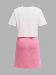 SHEIN Wildeya Set de 2 piezas para niña preadolescente: Blusa de manga corta con lazo y vestido con tirantes con lazo, versátil para el Día de San Valentín, vacaciones, primavera, otoño, verano, uso escolar, temporada de bodas, con diseño floral/decorativo