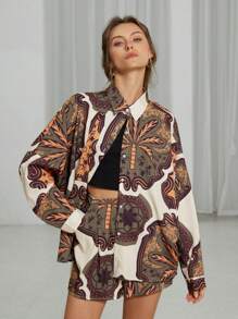 Aveloria Modichic 2Pcs Women Casual Retro Print Loose Long Sleeve Top Set, Suitable For Valentine's Day And Spring Vacation - Multicolor - View 1