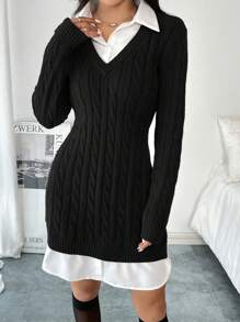 SHEIN Essnce Váy len nữ mùa thu màu xám phong cách Miumiu mặc đi làm, Váy len 2 trong 1, Váy ngắn dài tay bó sát mặc đi làm hàng ngày, Trang phục công sở, Trang phục mùa thu cho nữ, Váy giáng sinh cho nữ, Váy ôm bó sát mini ngày lễ tình nhân - màu đen - Xem 4