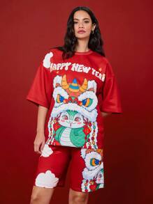 Manfinity Unisex 2pcs/Set Streetwear Relaxed Dropped Shoulder Crew Neck Short Sleeve T-Shirt And Straight Leg Mid-Waist Shorts, Happy New Year Blessing And Lion Design Print For Chinese New Year