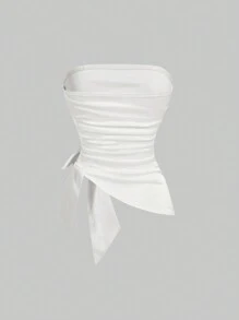 SHEIN MOD Women's Solid Color Ruched Bandeau Crop Top With Bow,Satin,Elegant,Going Out Tops Women,New Years Top,Sexy Top,Party Tops,White Tops - White - View 3