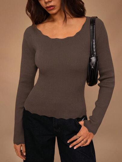 Forever 21 Enfärgad spetskant för kvinnor Enkel långärmad tröja, vardagskläder