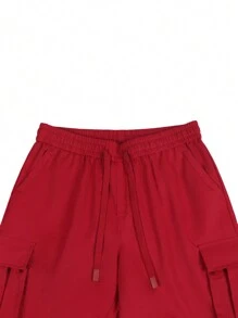 Manfinity Homme Men's Loose Fit Drawstring Waist Flip Pocket Cargo Shorts - Red - View 4