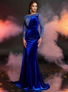Glamrae Elegant And Luxurious Sheer Long Sleeve Rhinestone And Pearl Embellished Stretch Silk Fabric Gathered Ruffle Slit Mermaid Skirt With Side Panels For Wedding Events Bachelorette Party, Prom, Formal Event Evening Dress (Heavily Embroidered Design)