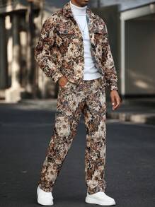 Manfinity Homme 男士成熟休闲 INS 印象派花卉纹理提花夹克和裤子套装。男士两件套服装，男士服装，前胸热销织标装饰