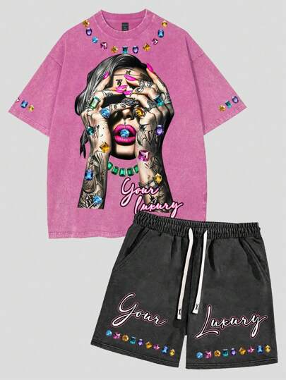 Street Life 2-teiliges Set für Herren, kurzärmeliges T-Shirt mit Distressed-Figuren-Muster und Shorts mit Kordelzug in der Taille, lässiges Outfit