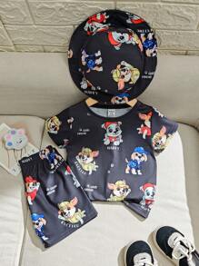 Unisex Baby 3-częściowy zestaw: uroczy t-shirt z krótkim rękawem i nadrukiem szczeniaka, spodenki i kapelusz typu bucket, wygodny i uniwersalny dla dziecka na każdą letnią okazję