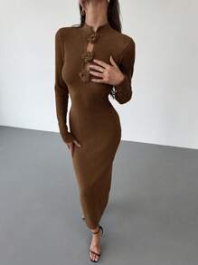 Aloruh Young Women's Minimalist High Neck Long Sleeve Fitted H-Hem Dress, Mixed Yarn Splicing Design, Casual Commuter Dress