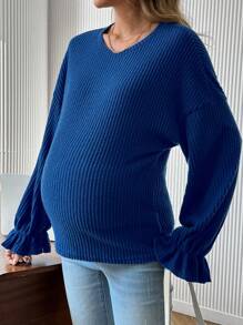 SHEIN 孕妇纯色圆领落肩长袖休闲罗纹 T 恤