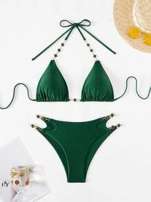 Swim SXY 2pcs/Set Women's New Summer Holiday Chain Linked High-End Sexy Strap Triangle Bikini Set, Festival Boho