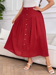 SHEIN LUNE Falda elegante de línea A con volantes y abotonadura sencilla de color rojo para mujer de talla grande - Burdeos - Ver 4