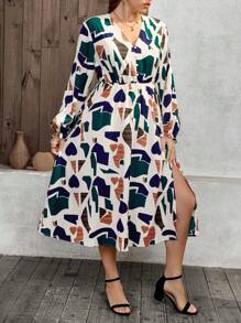 SHEIN LUNE Plus Size Women's Geometric Print Long Sleeve V Neck Side Slit Hem Dress, Perfect For Fall And Elegant Dresses, Perfect For Women Bohemian/Boho Style, Resort Wear, Holiday Dresses, Outdoor Daily Wear Essential Sundress