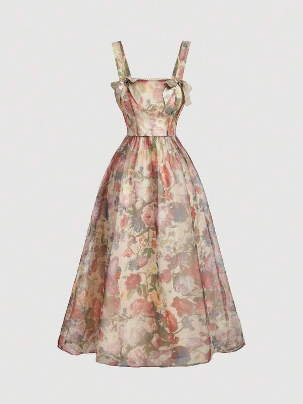 SHEIN MOD Rochie de damă de dimensiuni plus mari, caise, imprimeu floral, epocă, cu bowknot, rochie de întoarcere caise, rochii elegante pentru femei, rochii de homecoming, Anul Nou, Valentine pentru vară, rochie de plajă, rochie de soare, ținute de vacanță Boho