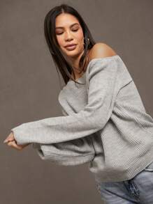 Siren Gaze 纯色罗纹针织不对称领口毛衣、长袖上衣 - 淺灰色 - 查看 5