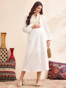 SHEIN Váy bầu tay đèn lồng thêu tua rua cổ - trắng - Xem 5