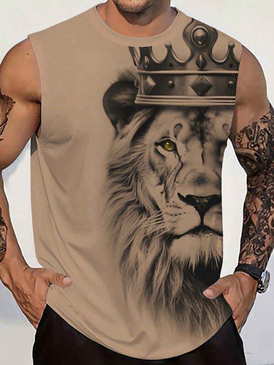 Manfinity LEGND Men's Casual Lion Print Round Neck Tank Top Lion Shirt Men - Coffee Brown - View 1