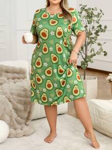Große Größen Nachthemd mit Runder Ausschnitt, kurzen Ärmeln und Avocado & Blumen Muster für den Lässig Alltag