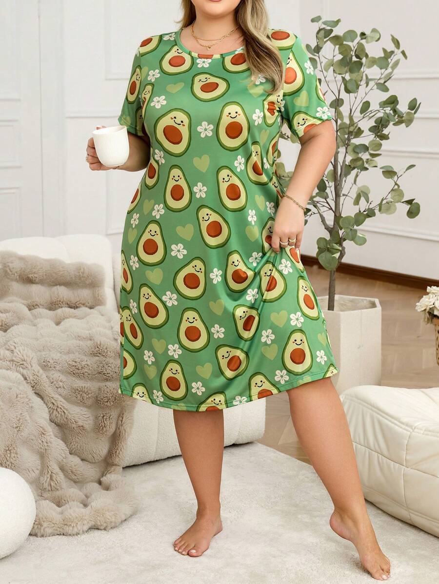 Große Größen Nachthemd mit Runder Ausschnitt, kurzen Ärmeln und Avocado & Blumen Muster für den Lässig Alltag