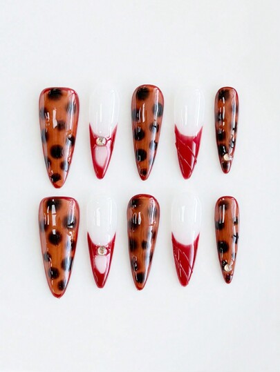 Grunge Punk 10pcs High Quality Punk Color Block Handmade False Nails + 3 Sheets Double-Sided Adhesive Tape, Y2K Goth Style Nail Decal, Removable & Reusable Nail Art Stickers, Suitable For Festivals, Parties, Dancing And Daily Wear, Halloween