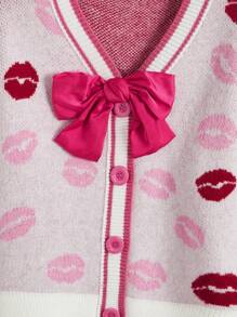 ROMWE J-Fashion 大码女式 Y2K 美学红唇与蝴蝶结开衫 - 白色 - 查看 4