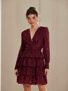 Aveloria Rosie French Romantic Multi-Layer Cake Style A-Line Dress, V Neck Cutout Texture Fabric Spring Waisted Short Sleeve Dress For Ladies Valentine's Day