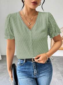 Chiquease 女士纯色瑞士圆点短袖休闲上衣，日常穿着 - 薄荷綠 - 查看 3