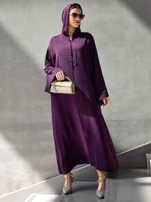 Al Najma 女士纯色喇叭袖连帽宽松阿拉伯长袍连衣裙，阿拉伯连衣裙 - 紫色 - 查看 6