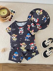 Unisex Baby 3-częściowy zestaw: uroczy t-shirt z krótkim rękawem i nadrukiem szczeniaka, spodenki i kapelusz typu bucket, wygodny i uniwersalny dla dziecka na każdą letnią okazję