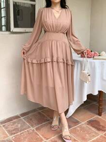 DAZY Đầm dài ngang gối cổ chữ V khoét rỗng tay phồng màu trơn cho nữ, thanh lịch, xếp ly, đầm tay dài, đầm maxi mùa thu. - Hồng - Xem 4