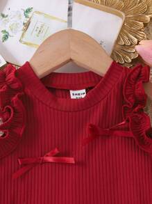 SHEIN 女宝宝夏季纯色蝴蝶结装饰背心和裤子套装 - 咖啡棕 - 查看 6