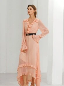 SHEIN Privé Váy dài tay thắt eo bằng vải voan xếp nếp thanh lịch lãng mạn kiểu Pháp dành cho nữ, ngày lễ tình nhân mùa xuân - Bụi hồng - Xem 5