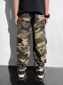Young Boy Casual Camouflage Loose-Fitting Cuffed Woven Pants , Suitable For Autumn, Spring And Summer, Suitable For Outdoor Play, School, Street Shooting, Party And Home Leisure Back To School Clothes
