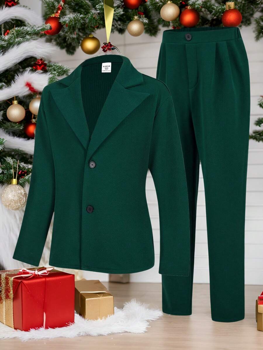 SHEIN Leap Crew 两件套青少年男童学院风休闲纯色纹理面料长袖西装外套和松紧腰长裤套装，适合所有季节，户外玩耍、上学、街头风、派对和休闲场合，超值圣诞节服装套装，秋冬季女童服装 - 綠色 - 查看 1