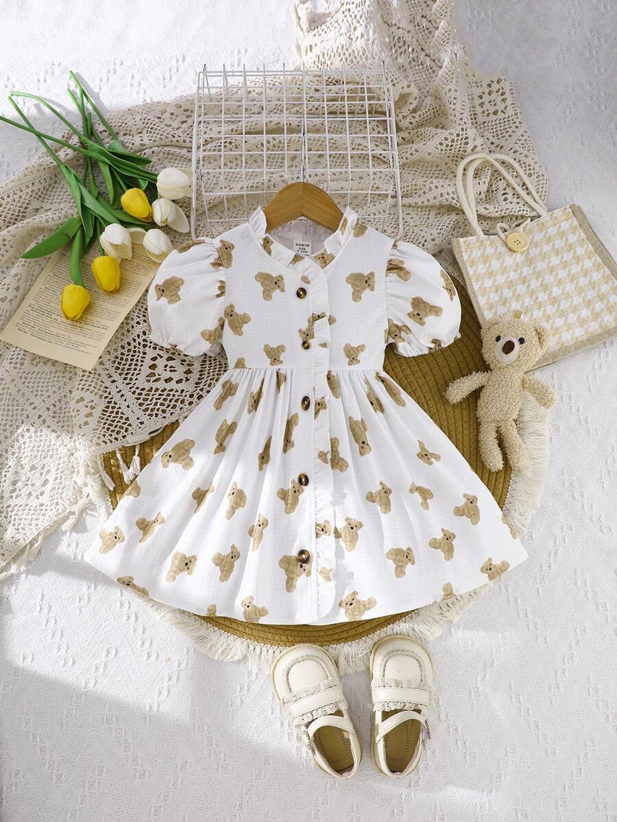 SHEIN Vestido casual primavera e verão para meninas, gola aberta, manga curta, estampa de urso Partern - Branco - Ver 1