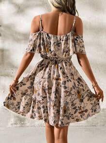 SHEIN Clasi 女士优雅露肩花卉印花 A 字迷你连衣裙，舒适休闲度假沙滩裙