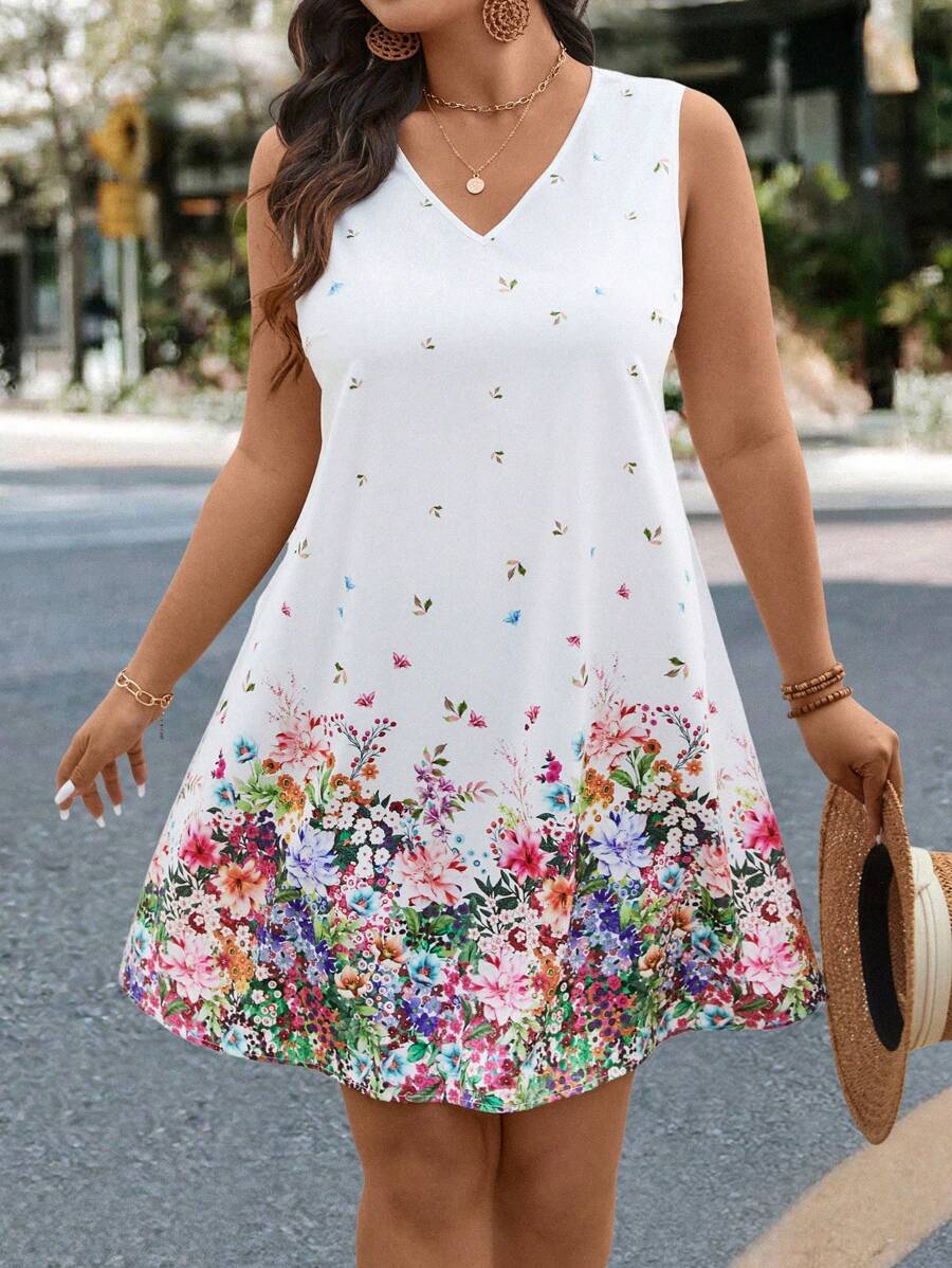 SHEIN LUNE 大码女式花卉印花 V 领无袖宽松休闲连衣裙夏季春装夏装女装春季服装度假服装女士 - 彩色 - 查看 1
