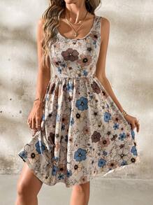 SHEIN Clasi Women's Elegant Square Neck Tank Top Floral Print Fitted Mini A-Line Dress, Casual Summer Vacation Resort Wear