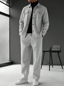 Manfinity Homme 男士灰色休闲夹克和裤子套装，秋季纯色前扣长袖夹克和长款配件套装面料男士两件套服装全套服装男士，秋季服装 - 淺灰色 - 查看 5