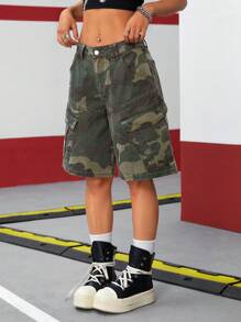 SHEIN ICON Street Style Camo Print Denim Knee-Length Shorts For Women - Army Green - View 5