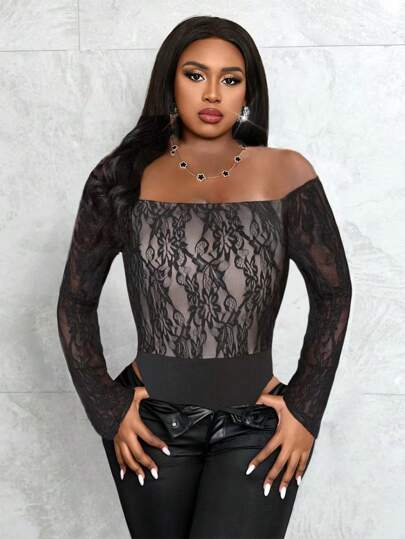 Slaydiva Plus Size Women's Solid Color Long Sleeve Casual Off Shoulder Sexy Lace Bodysuit