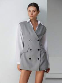 SHEIN Privé Sleeveless Double-Breasted Plaid Mini Dress, Suitable For Valentine's Day & Spring Fall Cloth For Women - Grey - View 6