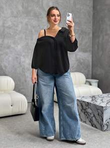 SHEIN Essnce Blusas casuales elegantes con hombro asimétrico y frío, de manga media y a rayas, para mujeres de talla grande, diseño elegante para ir al trabajo, camisas informales para maestras y mujeres que trabajan