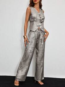 SHEIN Clasi Asymmetrische metalen stoffen damesvest en broekpakset met knoopsluiting