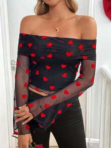 SHEIN Frenchy Women's Heart Patterned Mesh Off Shoulder Ruffle Long Sleeve Fashionable Blouse Valentine's Day Dating Outfits Women's Strapless Love Pattern Long Sleeve Sheer Mesh Top Valentine's Day Holiday Clothing Vacation Outfits Woman Long Sleeve Tops Off The Shoulder Top Red Top Tops    Valentines Clothes   Heart  Top    Casual Daily Heart Print Loose For Women, Long Sleeve, Spring/Autumn Spring/Autumn  Spring Clothes  Summer Tops Women Christmas Winter Thanks Giving
