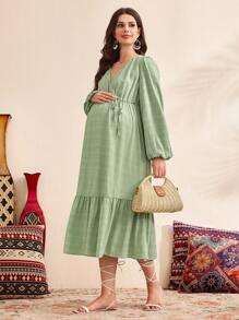 SHEIN Vestido de gasa de manga abullonada con cuello en V para maternidad, estilo primavera - Verde - Ver 1