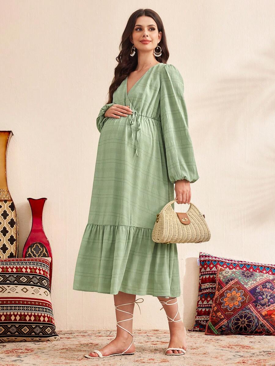 SHEIN Vestido de gasa de manga abullonada con cuello en V para maternidad, estilo primavera - Verde - Ver 1