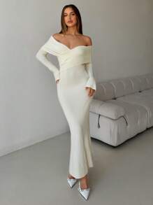 Aloruh Elegante off-shoulder crossover wrap bodycon zeemeermin lange mouwen gebreide trui jurk voor dames, abrikoos, warm voor dagelijkse dates, herfst/winter